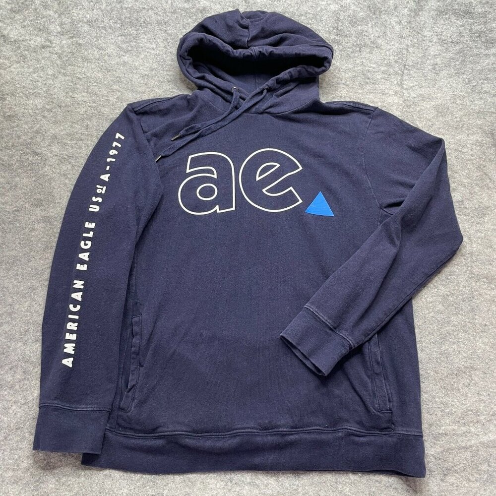 American Eagle Hoodie Men S Blue Graphic Spell Out Pullover Lightweight Jersey